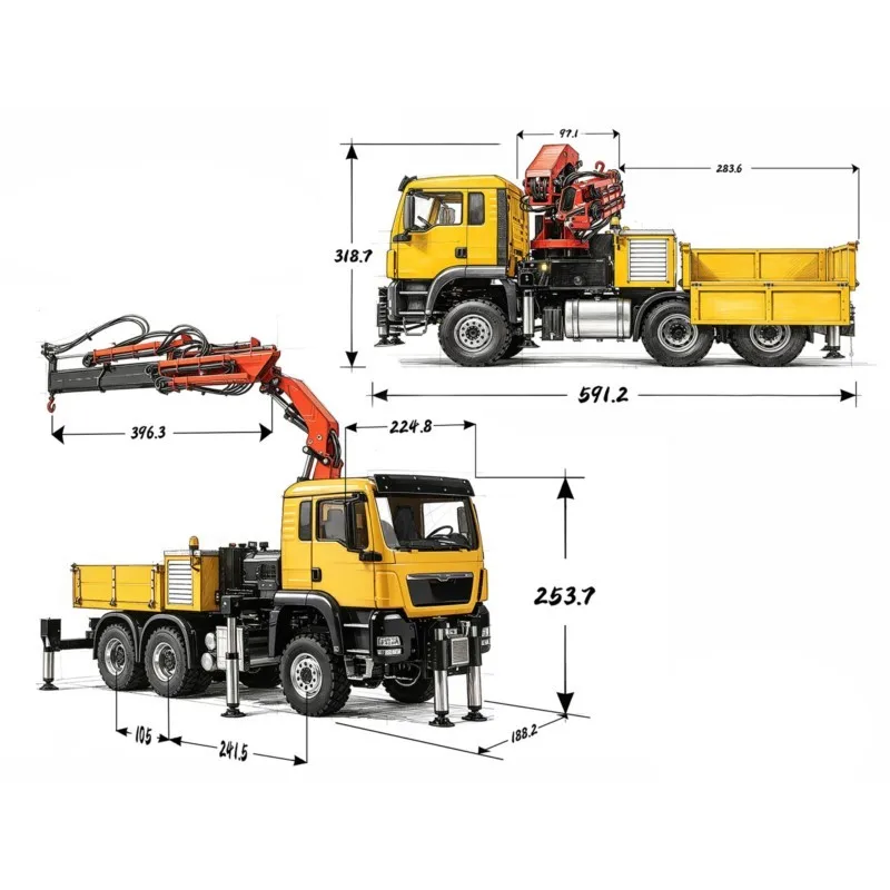 Фото 6X6 Металлический 1/14 LESU RC Гидравлический кран-трак с 3-скоростным дистанционным управлением, 7-канальный клапан, 4 МПа, 6 опорных стоек, звуковой эффект, блокировка дифференциала оси. №4