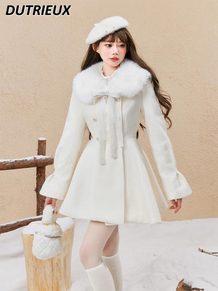 Осенне-зимнее новое шерстяное пальто с меховым воротником на талии милое