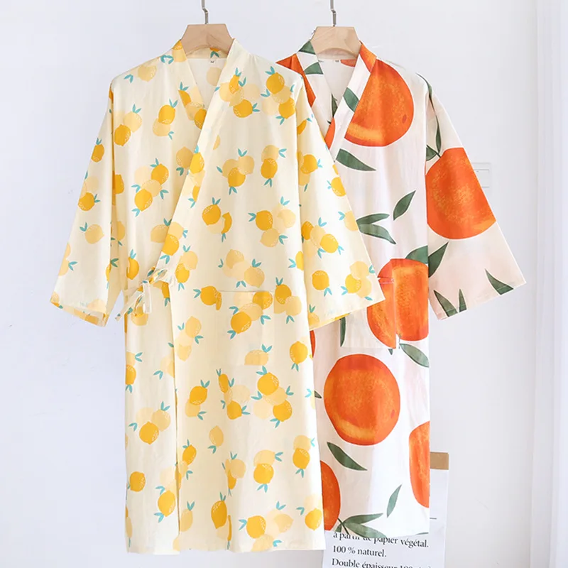 Spring Cotton Bathrobe Women Thin Robe Japanese Cardigan Laced Bathrobe Long Sleeves Print Kimono Robes Women Sexy Pijamas