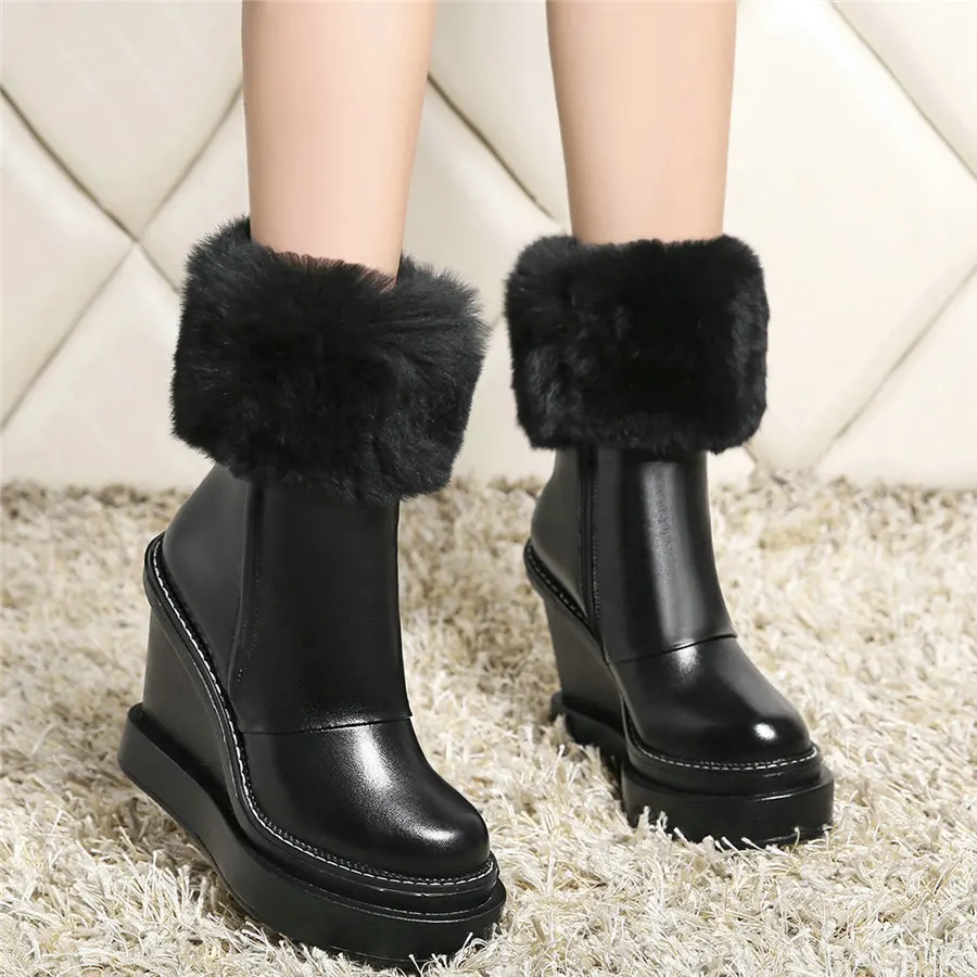 Warm Rabbit Fur Pumps Women Genuine Leather Wedges High Heel Snow Boots Female High Top Round Toe Fashion Sneakers Casual Shoes