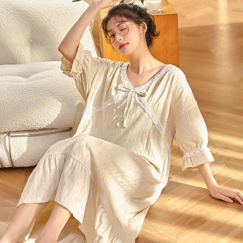 

Ночные рубашки женские в стиле ретро элегантная бежевая хлопковая шикарная Пижама с коротким рукавом и V-образным вырезом Кружевная летняя ...