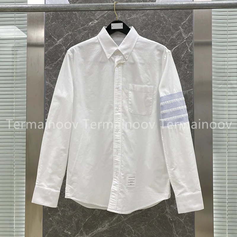TB Shirts Men Blue Striped Brand New Dress Patchwork Full Sleeve Shirt Formal Business Men Shirts Turndown Collar Men Clothing