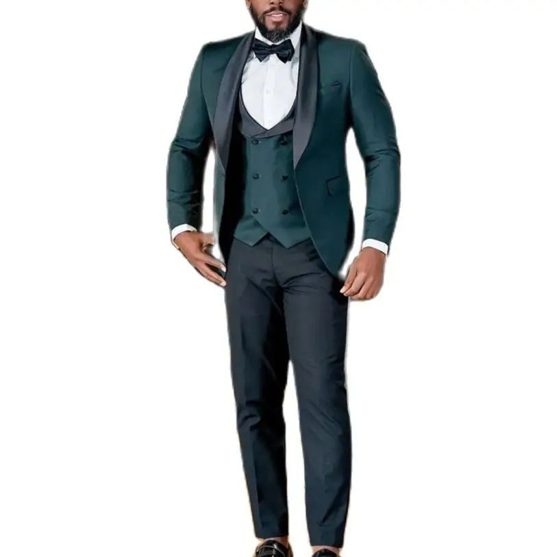 

Men Suits Slim Fit 3 Pieces Wedding Tuxedos Black Shawl Lapel Groommens Wear Green Blazer Formal Business Set with Bow Tie