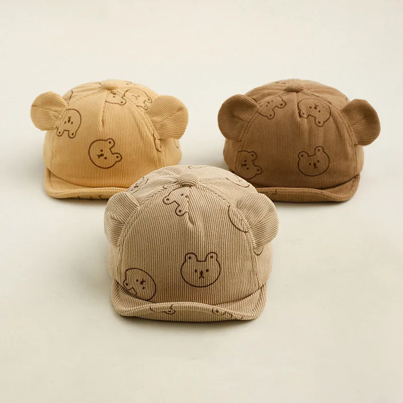 

Cartoon Bear Baby Baseball Cap Cute Ears Infant Peaked Hat Solid Color Print Soft Brim Corduroy Toddler Sun Hats 아기모자