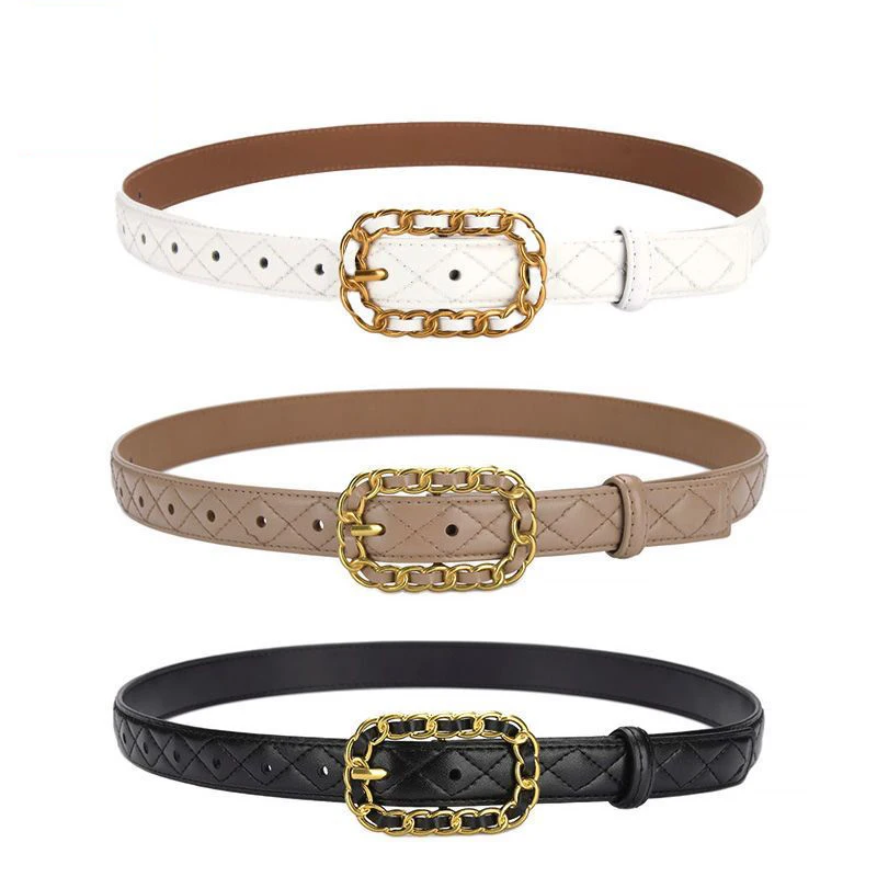 

Fashion New Women's Leather Belt Pin Buckle Metal Chains Rhombic Pattern Clothing Accessories Versatile Skirt Jeans Korean Style