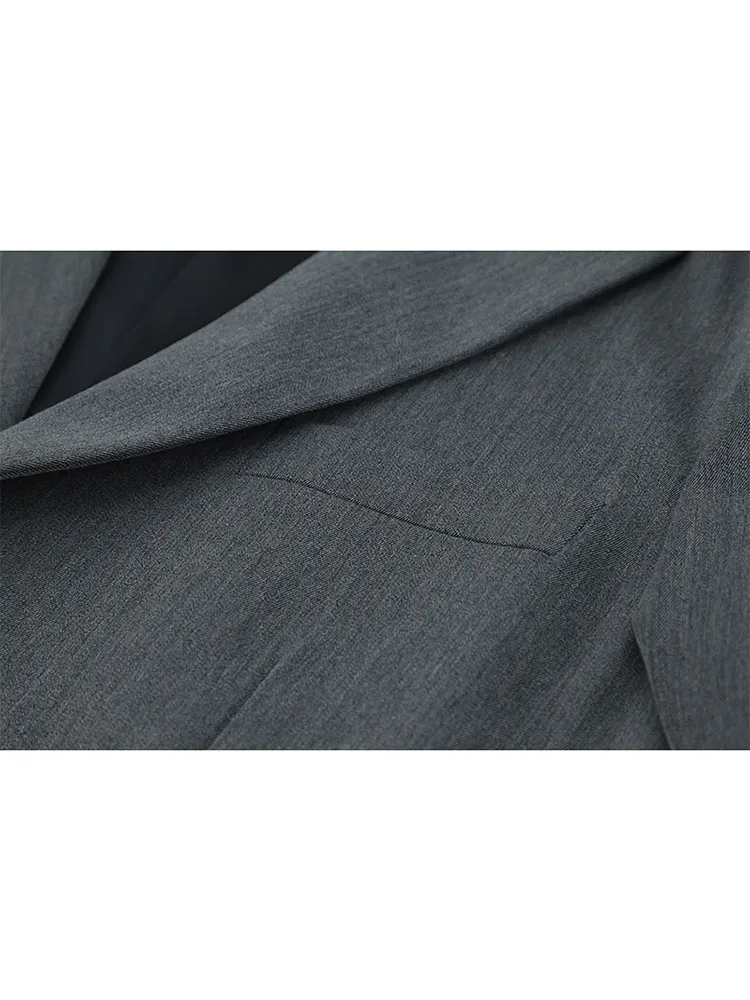 Grey Blazer Coat Women Korean Casual Loose 2022 Autumn Oversized Single-breasted Turndown Collar Long Sleeve Suit Jacket Female images - 6