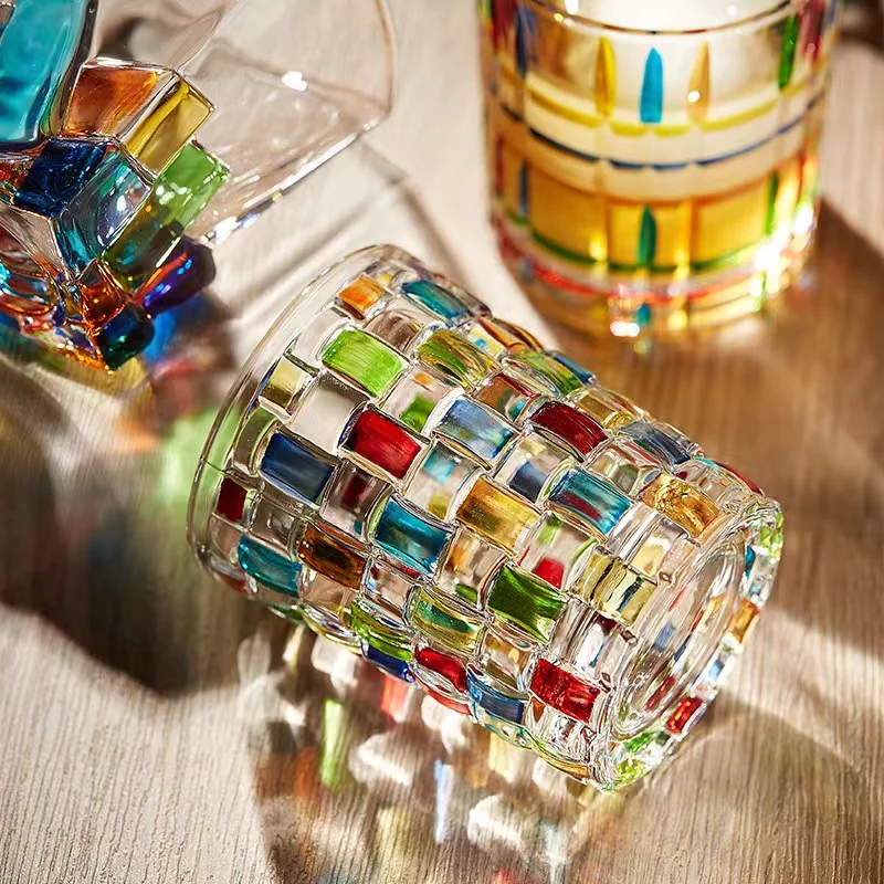 

Glass Cup Rainbow Multi Colors Hand-Painted Square Plaid New Niche Woven Glasses Water Cup Cocktail Glass Whiskey Glass