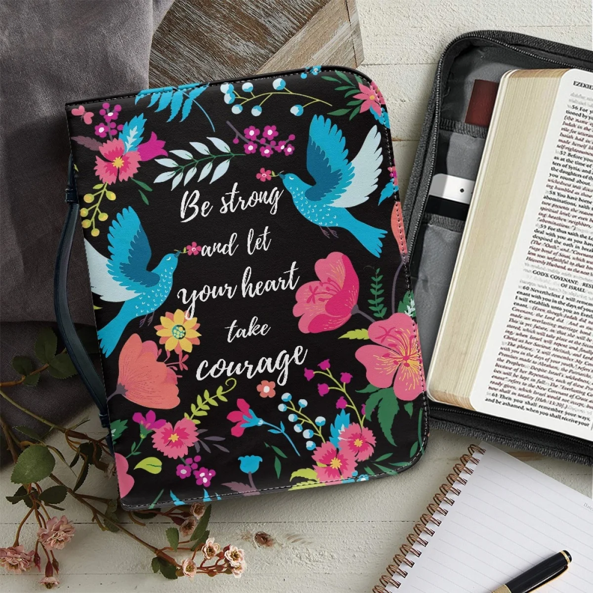 

Hummingbird Hibiscus Leaf Print Easy Installation Made PU Leather Bible Bag Women Zippered Handbag Study Book Holy Storage Boxes