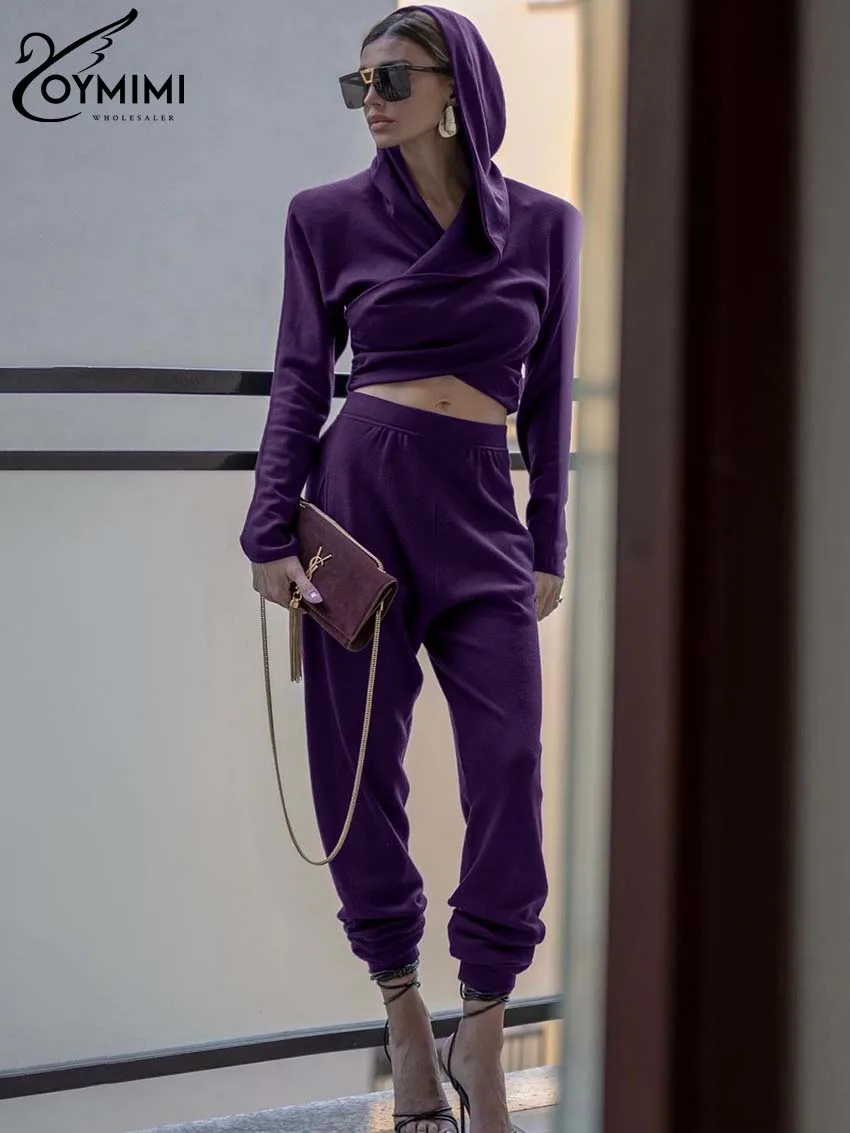 

Oymimi Casual New Purple Two Piece Set For Women Fashion Hooded Collar Long Sleeve Crop Tops And Simple Ankle-Length Pants Sets