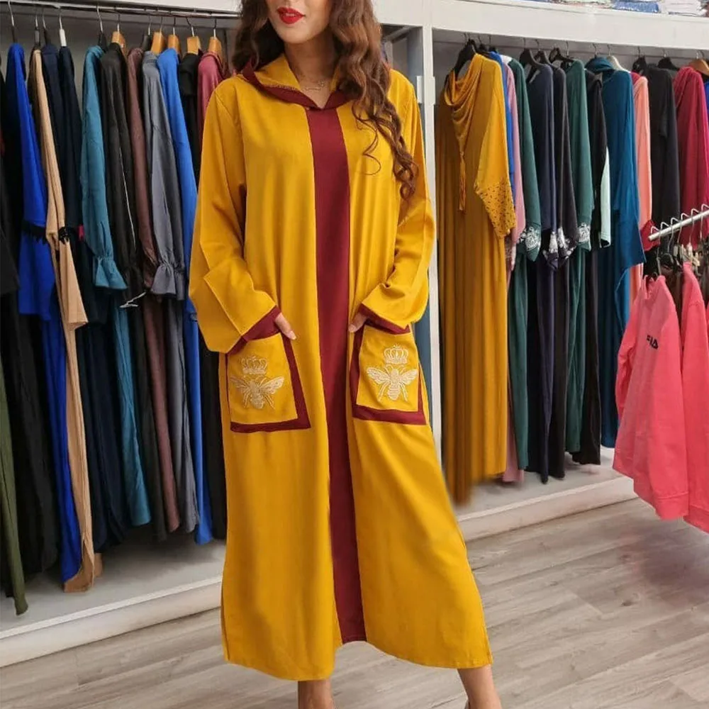 

Dubai Abay Long Dress Women Embroidery Fashion Hooded Pockets Muslim Moroccan Jellaba Kaftan Female Riched Elegant Maxi Dresses