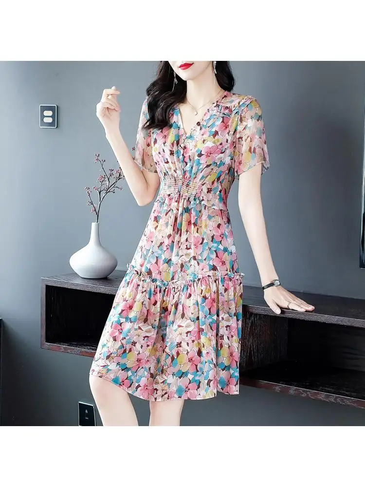 2023 Summer New Designer Ruffles V-Neck Short Sleeves Floral Printed Elastic Waist 100% Mulberry Silk Dress Shell Women Clothing