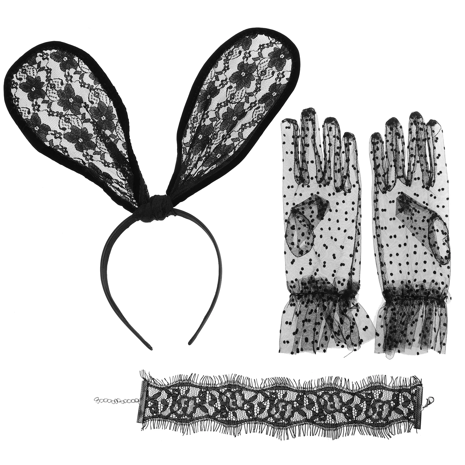 

Повязка на голову с кроличьими ушками Банни для девушек украшение для волос кружевные черные перчатки повязка для волос Косплей отделка головной убор реквизит Набор Костюмов