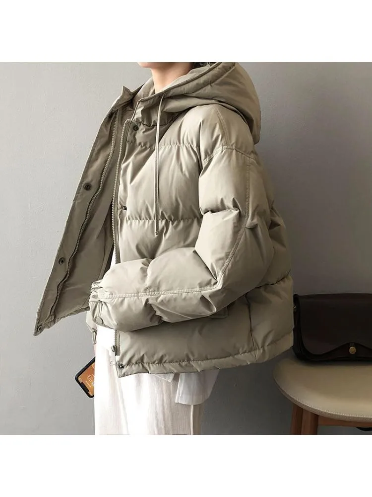 Black Short Thick Cotton-Padded Hooded Parkas Jacket Women 2022 Winter Korean Version Loose Warm Bread Clothing Coats