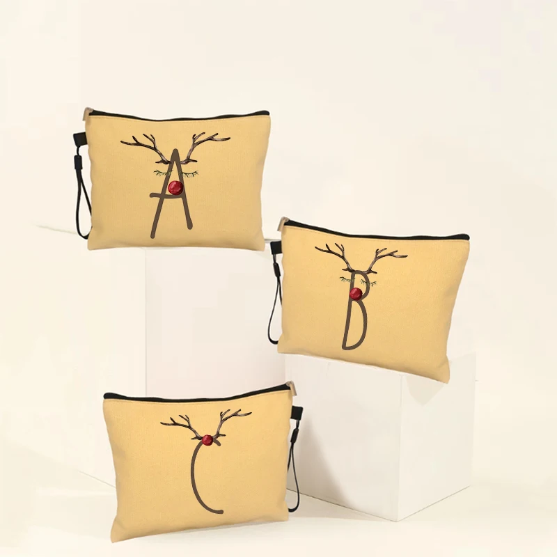 

Christmas Letter Canvas Bag Khaki Cosmetic Pouch Travel Toiletry Inner Bags Traveling Essentials Storage Makeup Organizer Gift