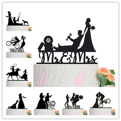 

Funny Wedding Party Cake Topper Bride Groom Mr Mrs Acrylic Black Cake Toppers Mixed Sports Style Couples Cake Wedding Decoration