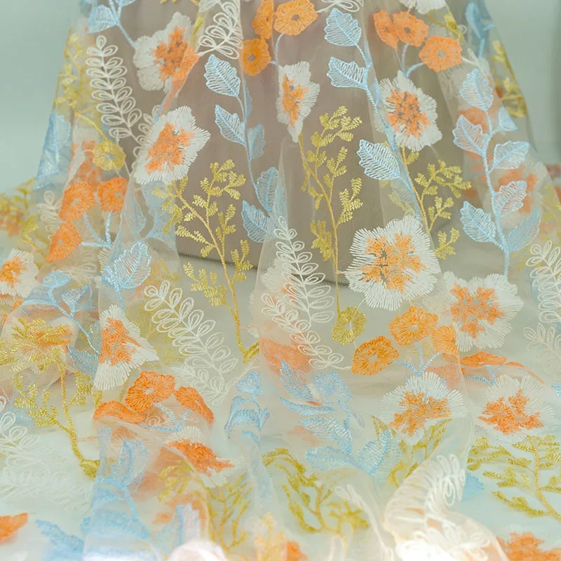 

Orange And White Flowers Three-dimensional Embroidery Translucent Decorative Fabric, Hanfu Chinese Style Cheongsam Skirt Fabric