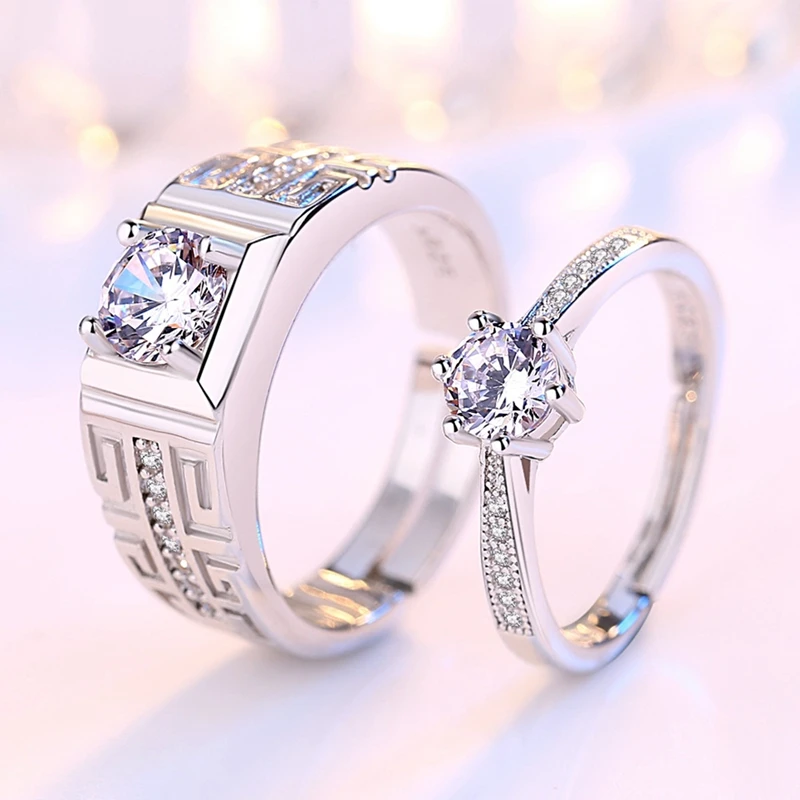 

New 925 Silver Plated Luxury Zircon Couple Rings For Lovers Love Adjustable Ring Women Men Anniversary Jewelry Accessories Gift