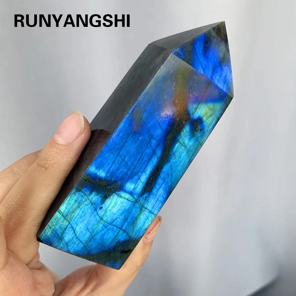 1pc Big Labradorite Tetrahedral Point Blue Moonstone Energy Tower Blue Aura Crystal Magic Wand Decoration