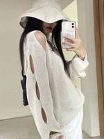 deeptown korean style knitted sweater women harajuku retro oversized hollow out jumper sexy hole loose sun proof pullover tops