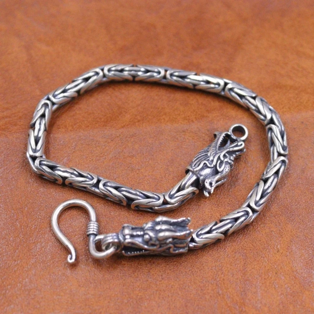Настоящая твердая кожа серебряная цепочка мужской браслет с головой дракона