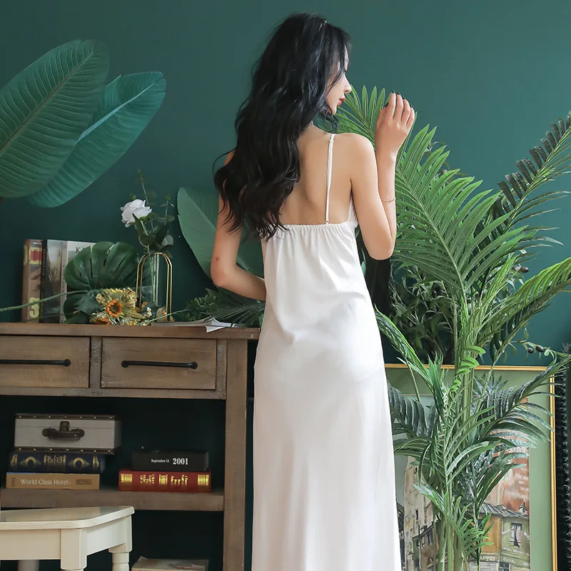 Pajamas Women's Summer Sexy Lace Long Sling Nightdress Solid Color Home Service Women Sleepwear Sleep Dress Satin Slip Dress
