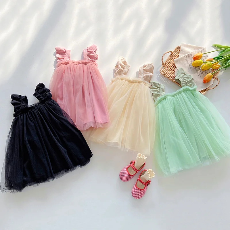 

Sweet Petal Mesh Girls Dress 2023 Summer Bandeau Baby Princess Tulle Dress Solid Color Puffy Skirt Clothing Short Length Frocks