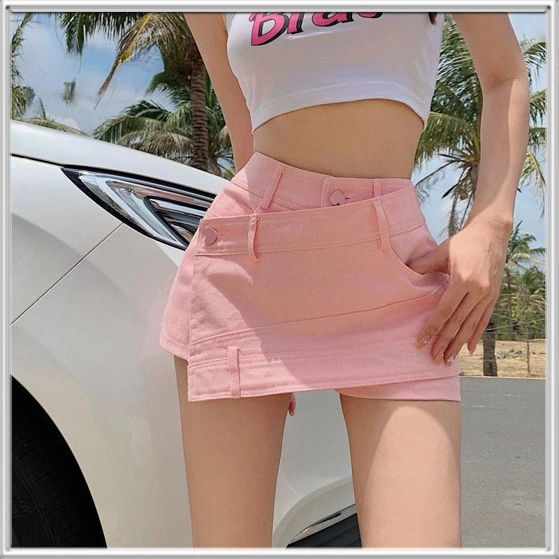 

Streetwear Style Chic Shorts Summer Pink White Denim Spliced Shorts Beach Solid Outfit 2022 Spring Women's Clothing