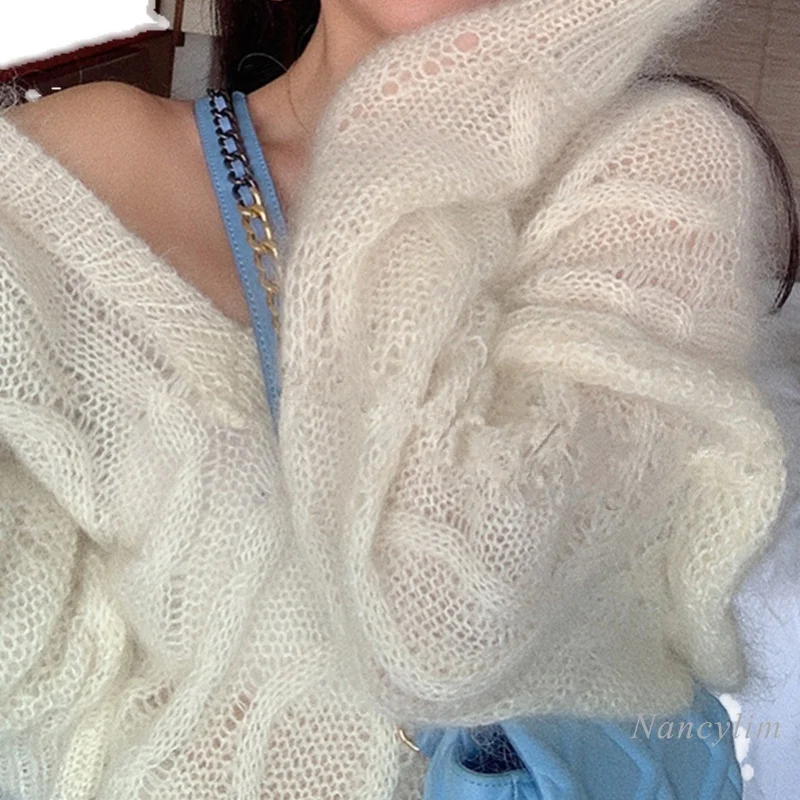 Свободный и ленивый мохеровый свитер Женский Осенний синий вязаный средней