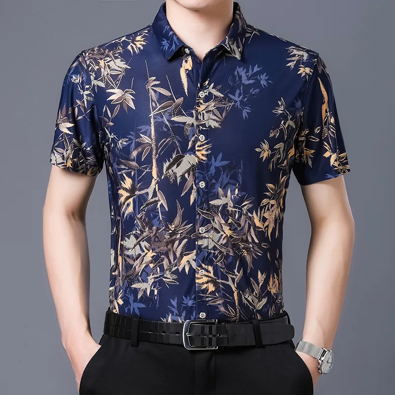 Summer Middle-aged Men's Clothing Ice Silk Short-sleeved Printed Shirts Business Casual Jacquard Shirt Men  4XL E38