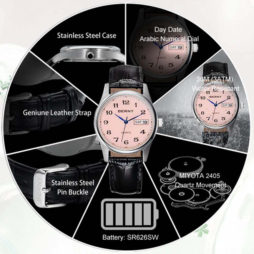 BERNY Miyota 2405 Quartz Watch for Women Day Date Calendar Classic Genuine Leather Lady Watches Waterproof Business Wristwatch