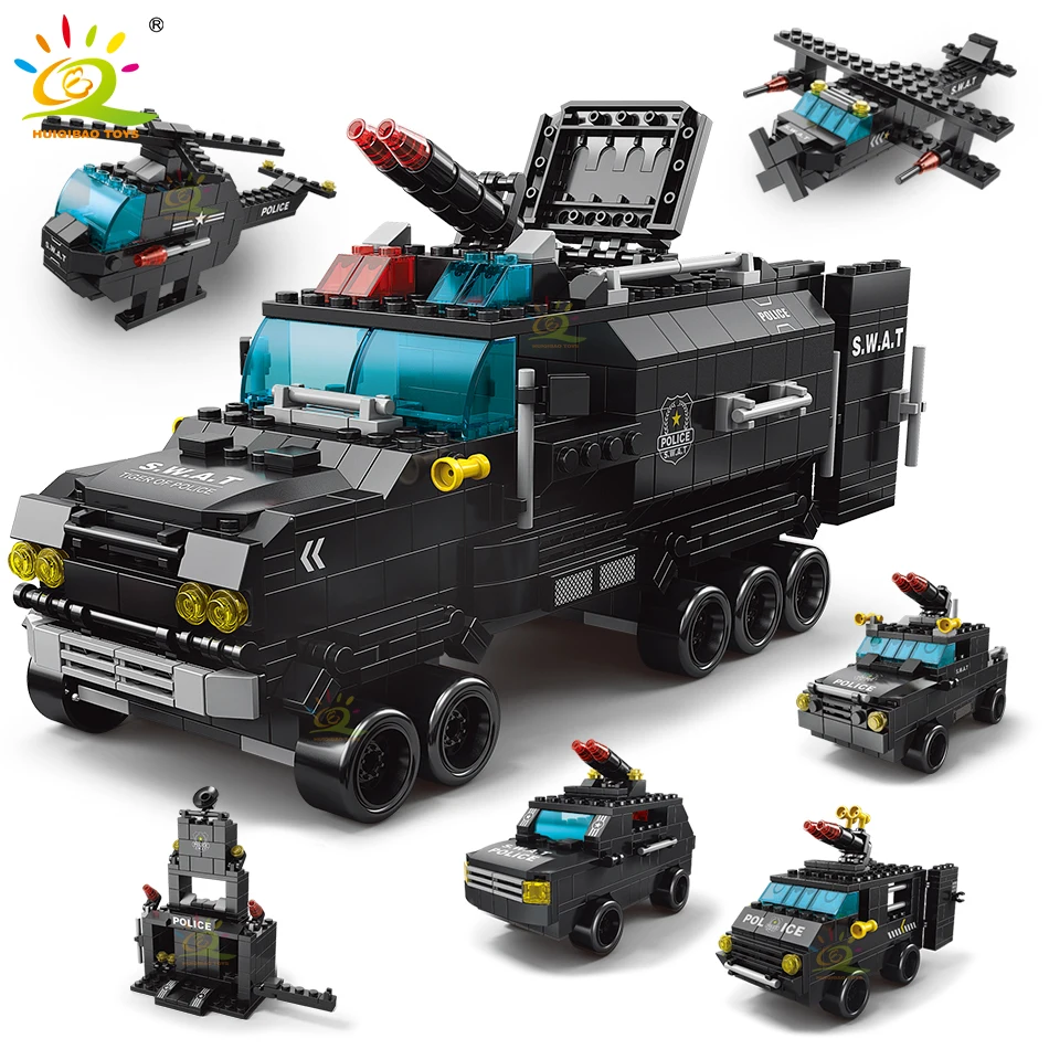 HUIQIBAO 1000 шт. 6 в 1 спецназ автомобиль строительные блоки городской полицейский грузовик самолет автомобиль полицейский кирпичи строительные игрушки дети