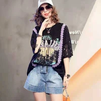 fashion t shirt women 2022 summer large size loose short sleeve tshirt printed lace stitching hollow t shirt womens casual tops