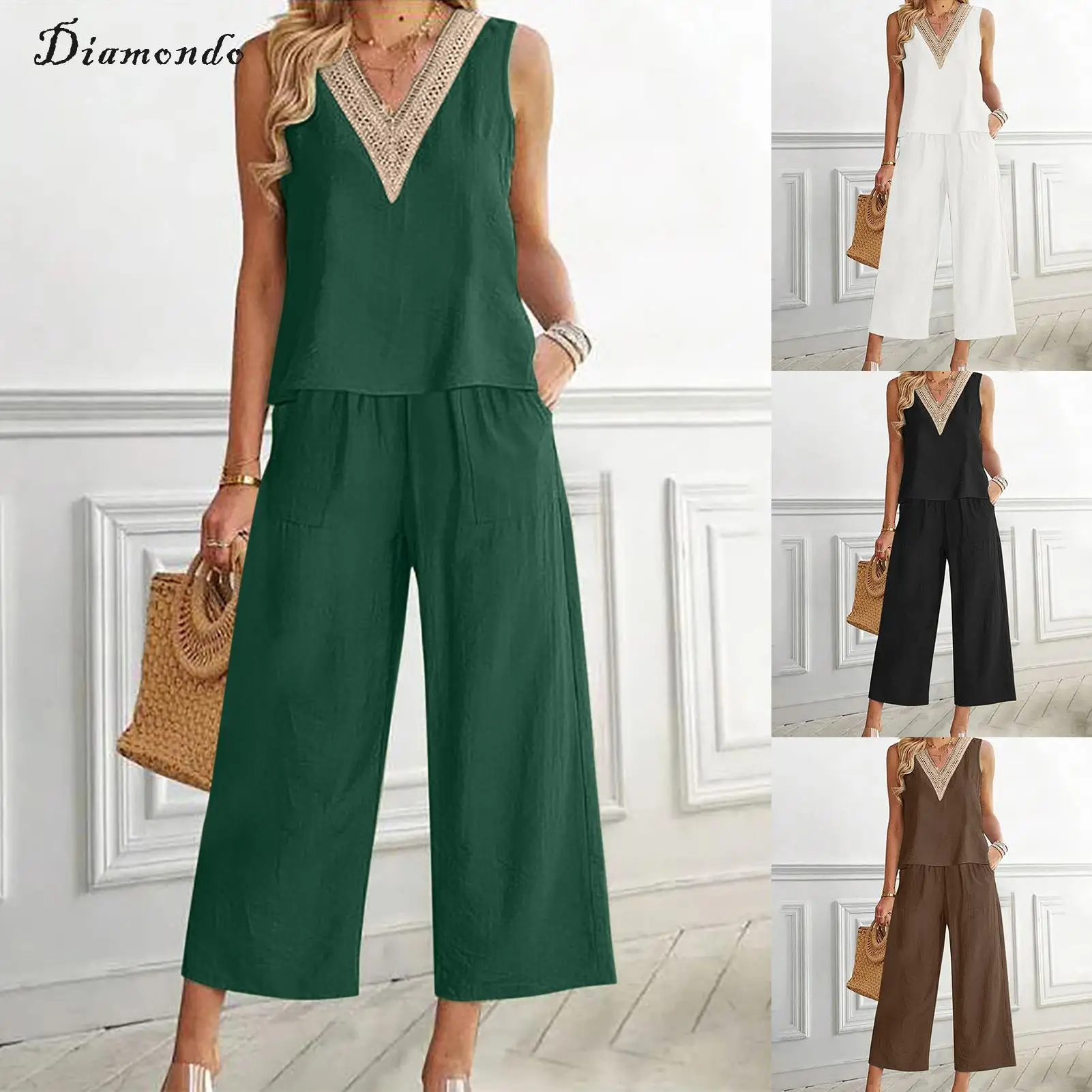 

Women Summer 2 Piece Outfits Solid Color Cotton Linen Casual Shirt Pants Set Wide Leg High Waist Sleeveless Vacation Outfit