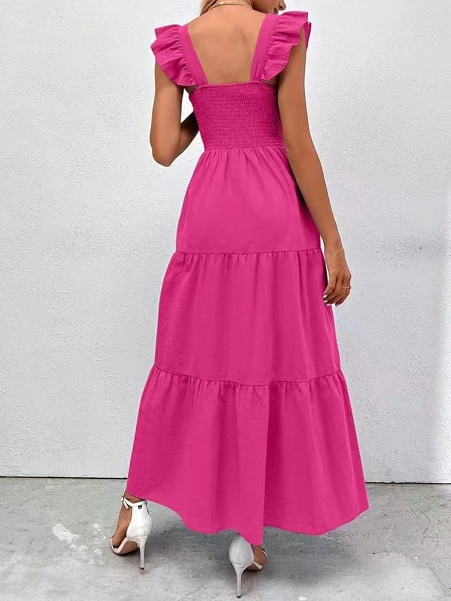 

KtwHarnu Women Sweet Long Dress Solid Color Fly Sleeve Square Neck A-Line Ruched Dress Slim Fit Bodycon Dresses Streetwear