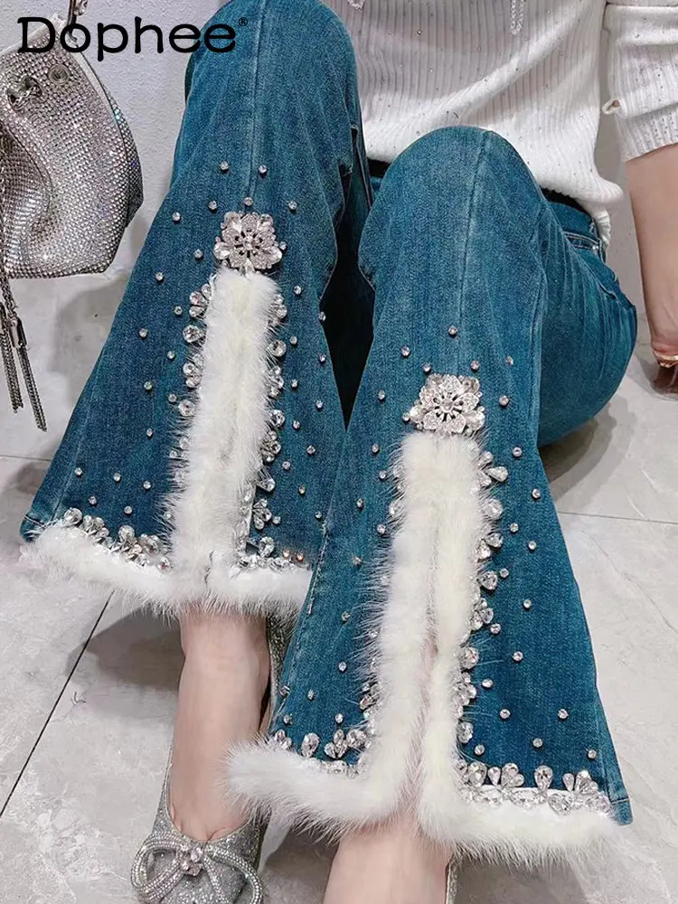 

Heavy Rhinestone Jeans Women Winter New Korean Sweet Split Feather Slim Fit Patchwork Stretch Bell-Bottom Pants Denim Trousers