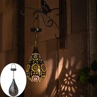 led retro garden solar lamp metal hollow shadow projection hanging lantern outdoor lighting waterproof landscape light