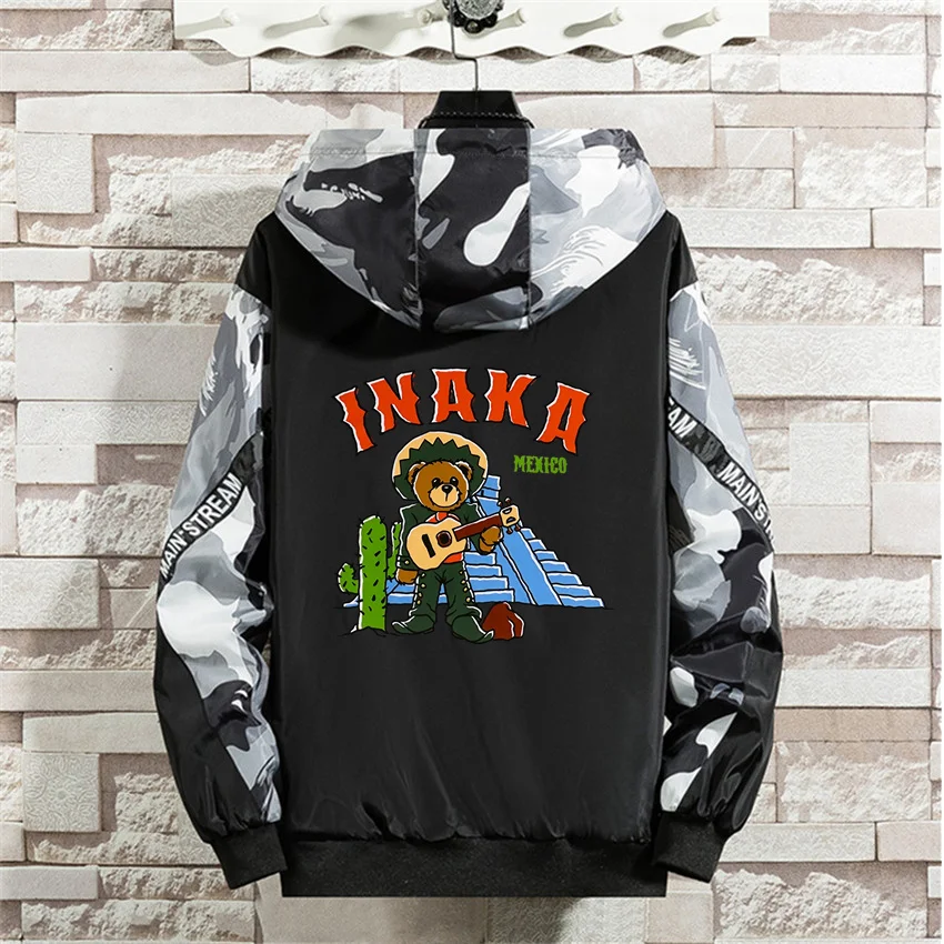 

Inaka Power Teddy bear Streetwear Mens Jackets Hip Hop Patchwork Hooded Bomber Jacket Mens Coat Casual Zipper Male Y2K Clothes