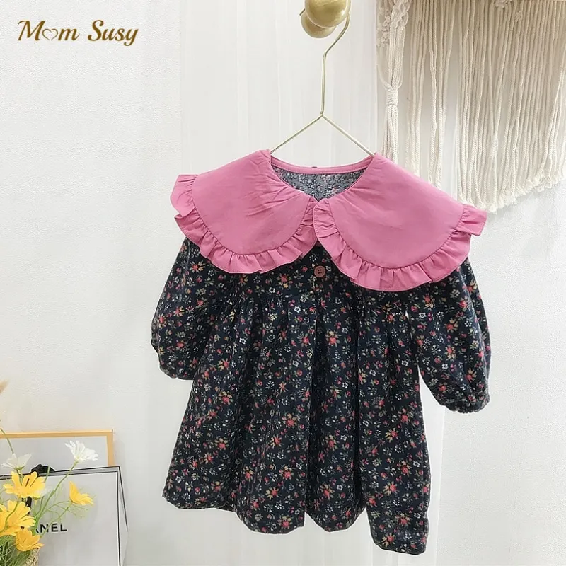 

Хлопковое платье с цветочным принтом для маленьких девочек, платье принцессы с цветочным принтом, платье с длинным рукавом и воротником в п...