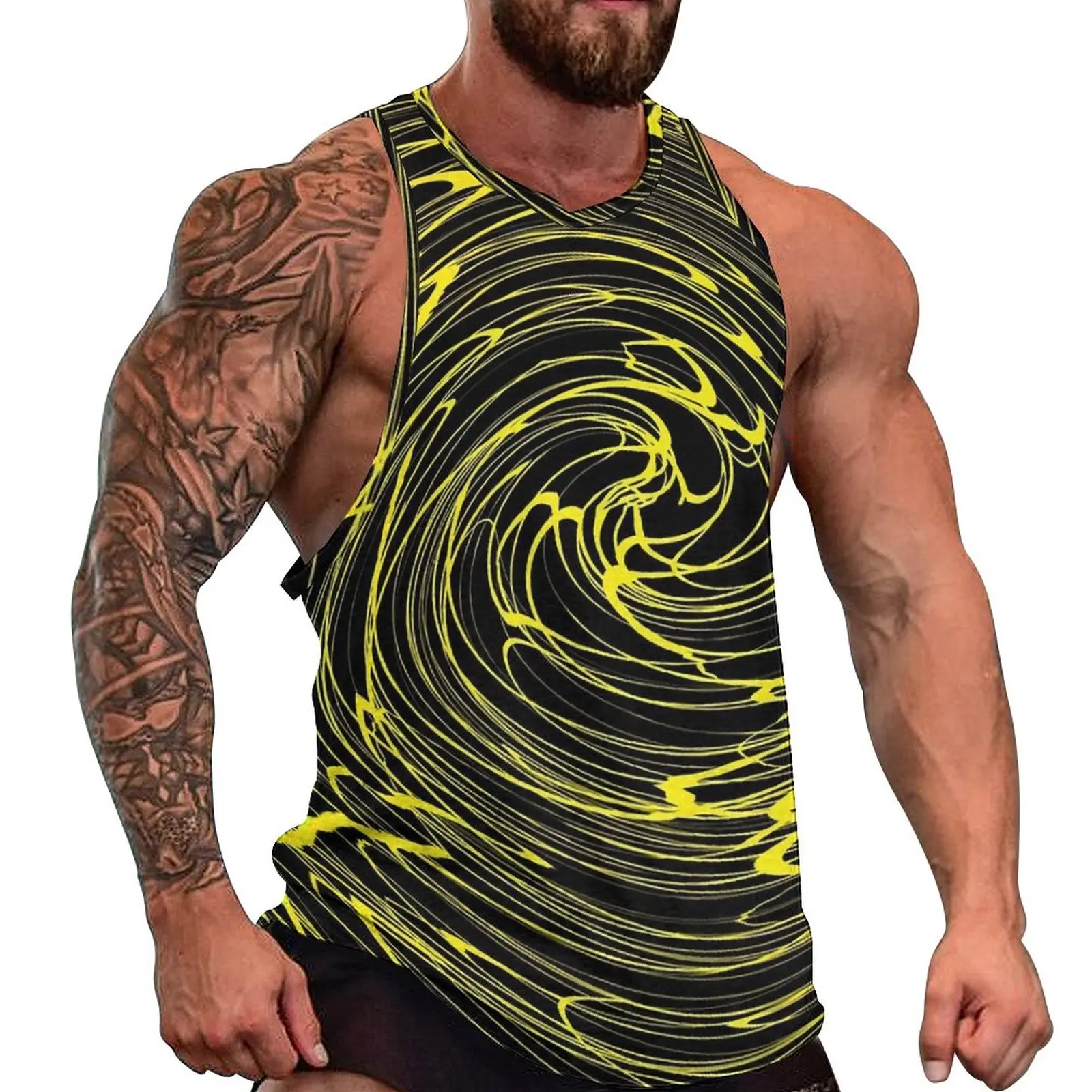 

Shallow Water Tank Top Males Yellow Spiral Print Bodybuilding Oversized Tops Daily Trendy Graphic Sleeveless Vests