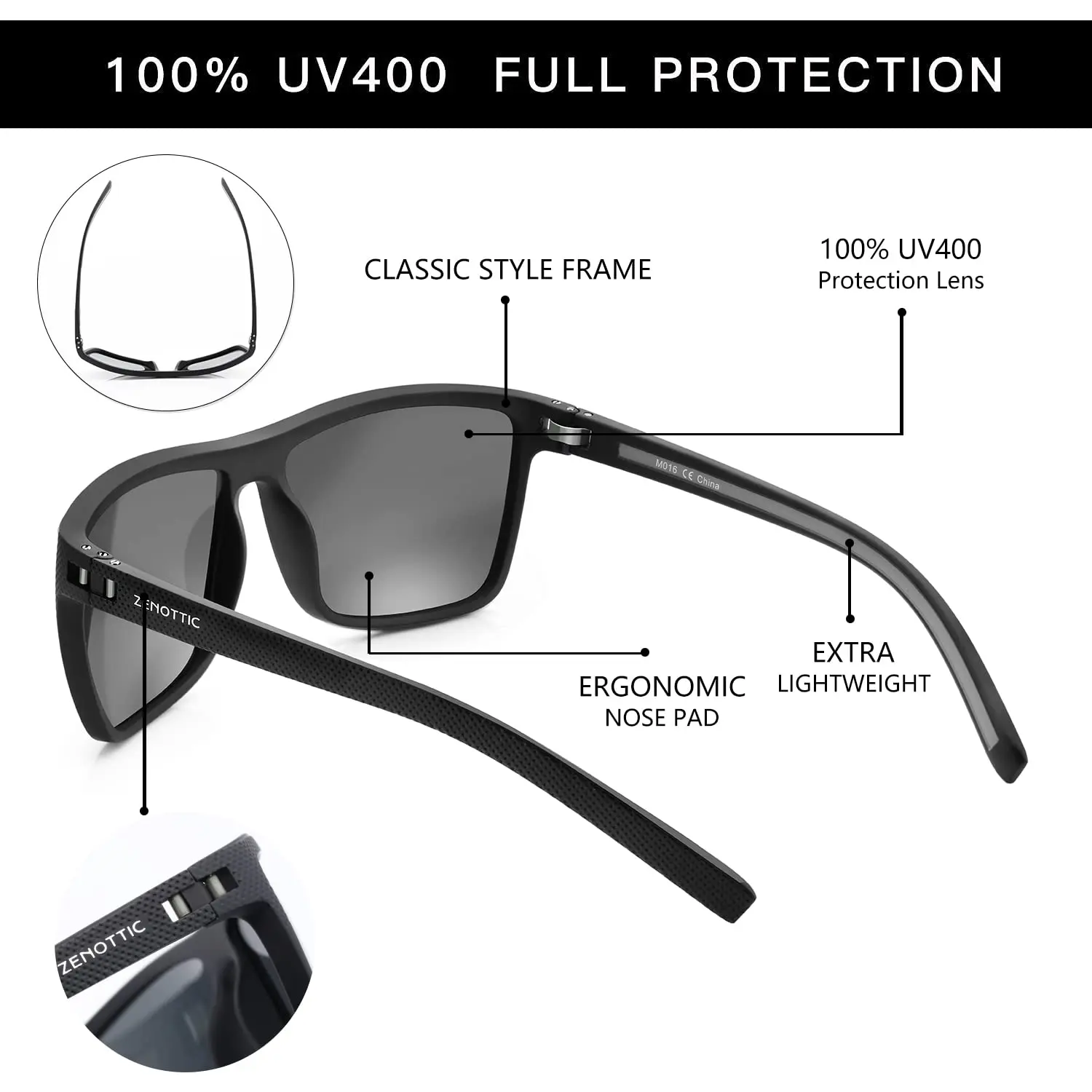 ZENOTTIC Polarized Sunglasses for Men Shades Lightweight TR90 Frame UV400 Protection Square Outdoor Trave Driving Sun Glasses