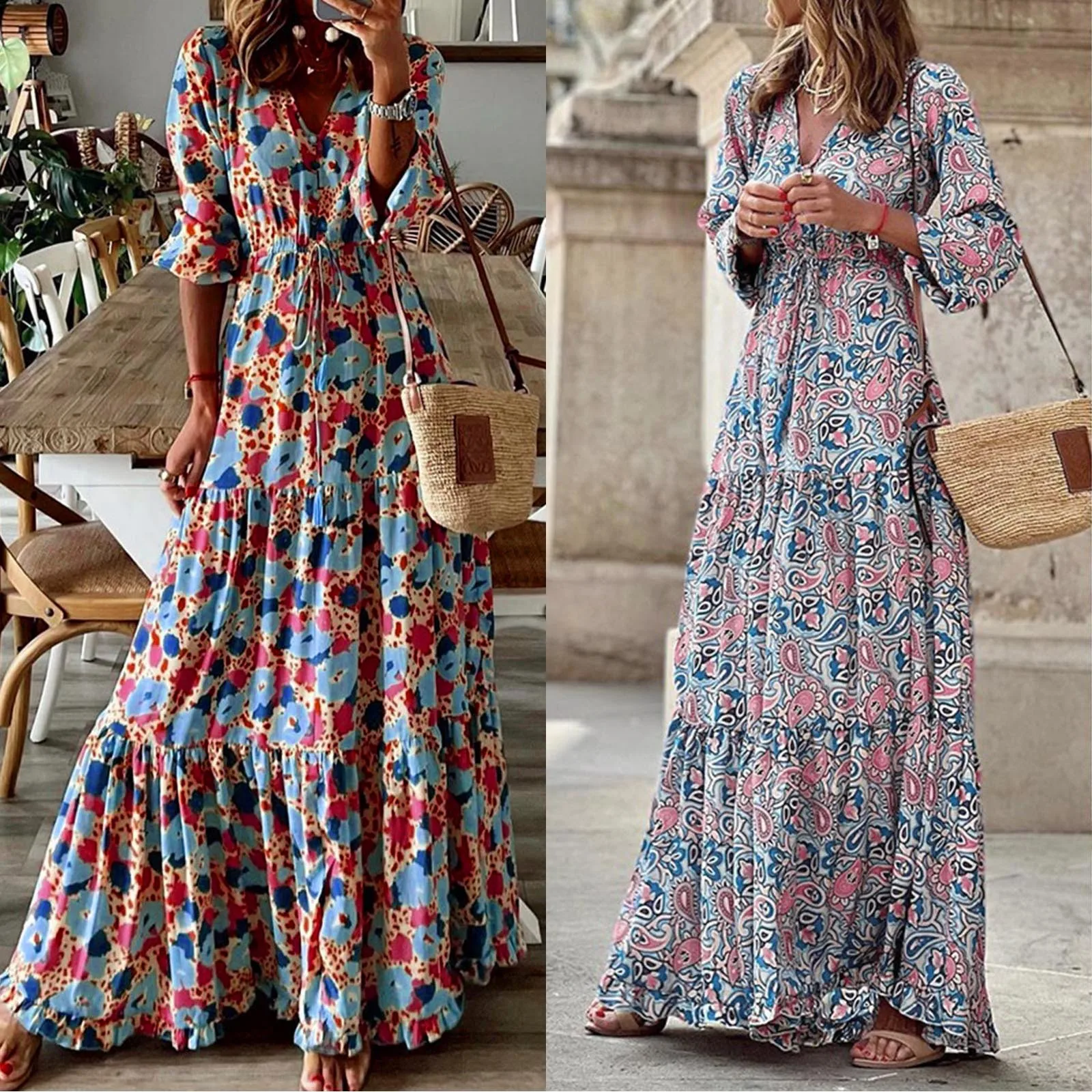 

Women Fashion Print V Neck Pocket Dress Tunic Tie Long Sleeve Casual Dress Dresses with Sleeves for Women