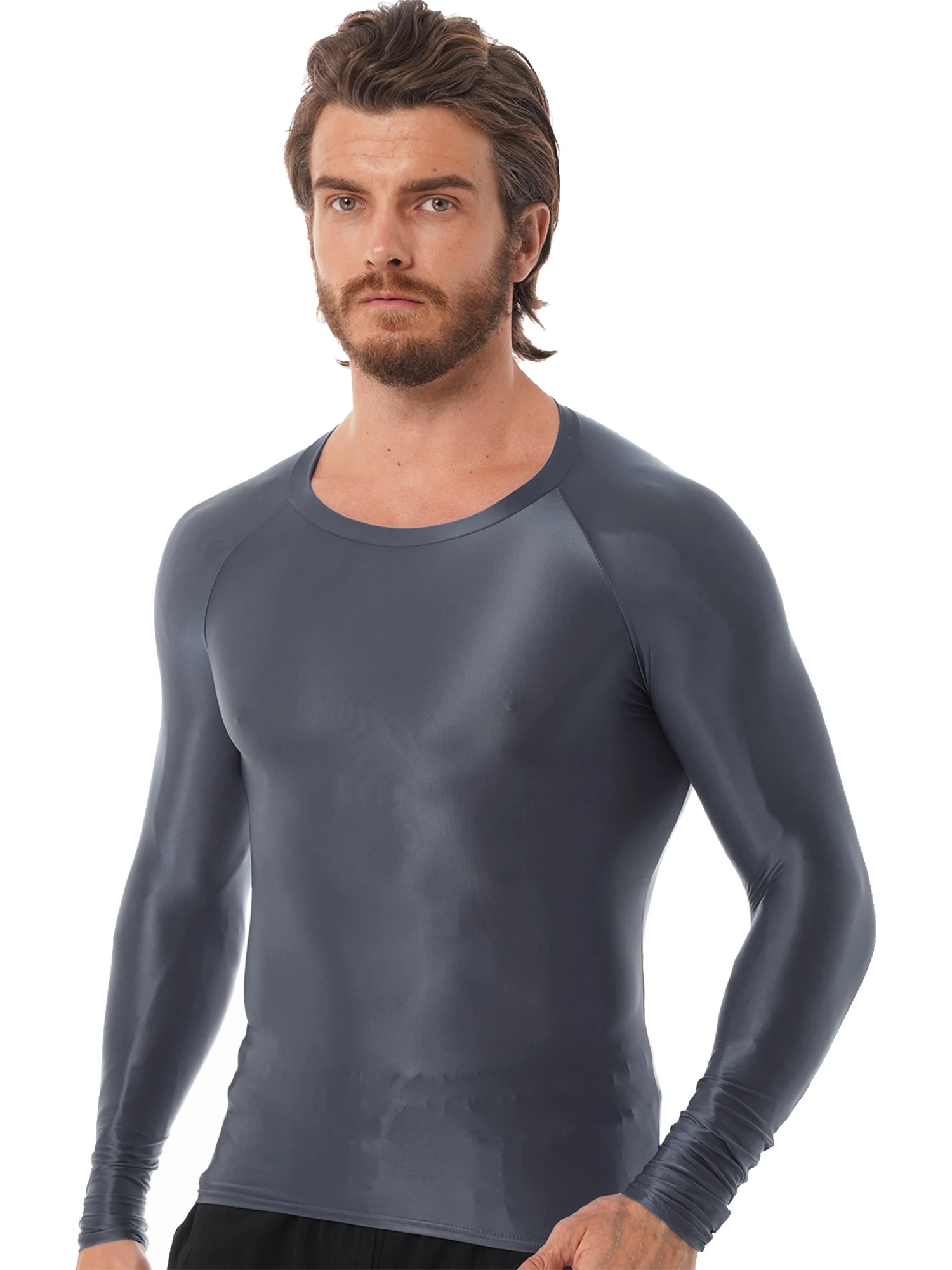 Мужские глянцевые спортивные топы футболка с длинным рукавом однотонные