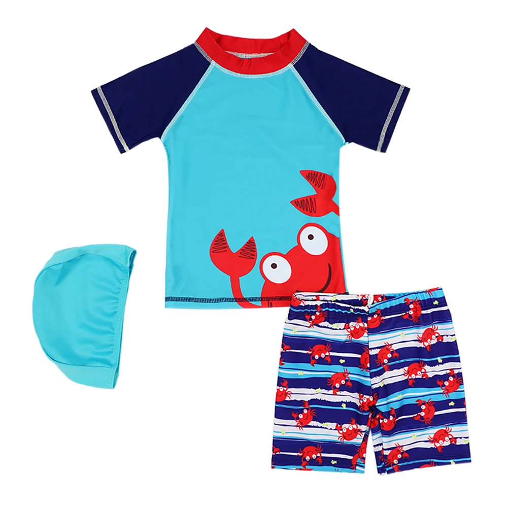Summer Cute Boys Rashguard Two Pieces Swimsuit Set Swimwear Sleeve Cartoon Crab Bathing Suit Rash Guards with Swim Cap 2-13Y