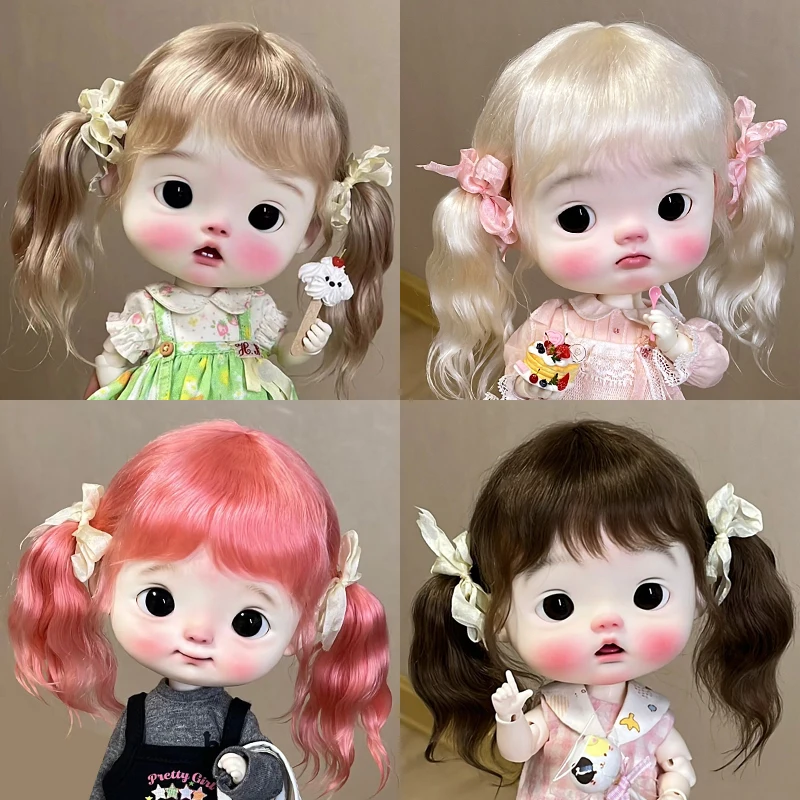 Фото Парик BJD, кукла с большой головой, милая челка, двойной хвост, вьющиеся волосы для Blyth Meng, DIANDIAN, волосы Qbaby, аксессуары для кукол 24,5-27 см №3