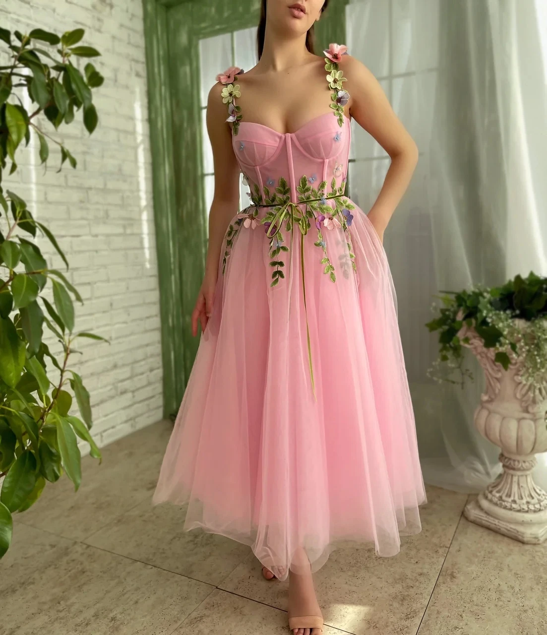 

Pink Moroccan Evening Dresses A-line Spaghetti Straps Ankle Length Tulle Appliques Turkey Dubai Saudi Arabia Prom Dresses Gown