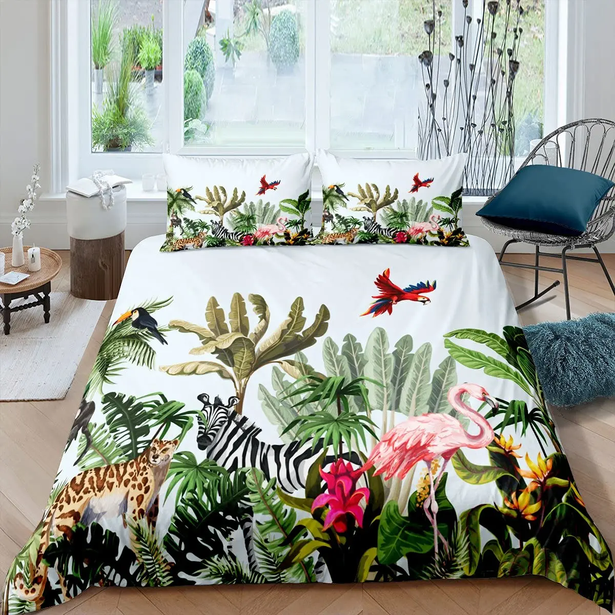 

Bedding Set Green Plant Palm Leaves Quilt Cover Bird Animal Polyester Comforter Cover Parrot Duvet Cover Set Black White Stripe