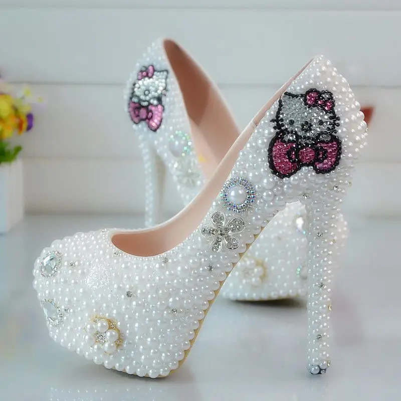 Hello Kitty Diamond Crystal Wedding Party Shoes Rhinestone Handmade Women's Shoes High Heel Waterproof Platform Bow Wedding