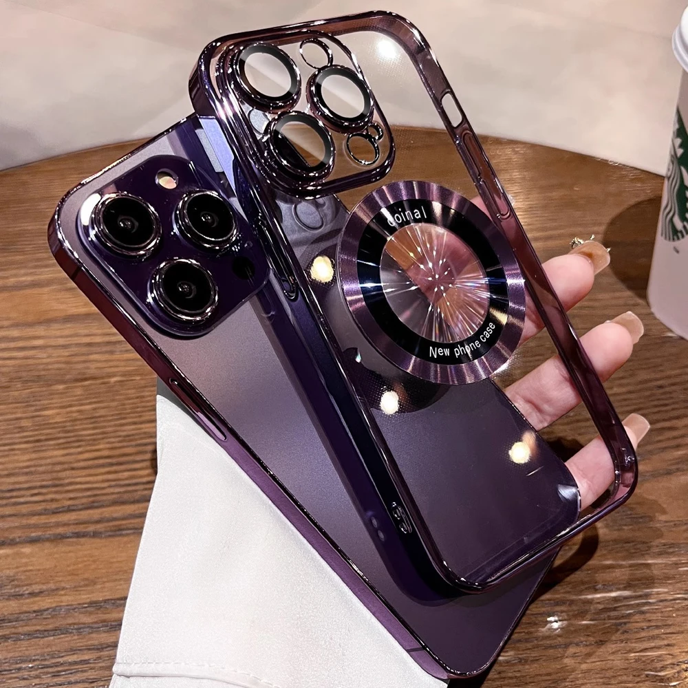 Фото Роскошный прозрачный чехол с отверстием для логотипа для iPhone 16, 15, 14 Plus, 13, 12, 11 Pro Max, Магнитная задняя крышка для беспроводной зарядки MagSafe №4