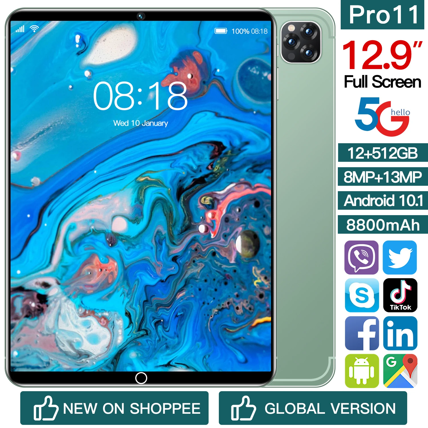 

Планшет с 10,1-дюймовым дисплеем, Android 10, 2 Sim-карты, 12,9 мАч