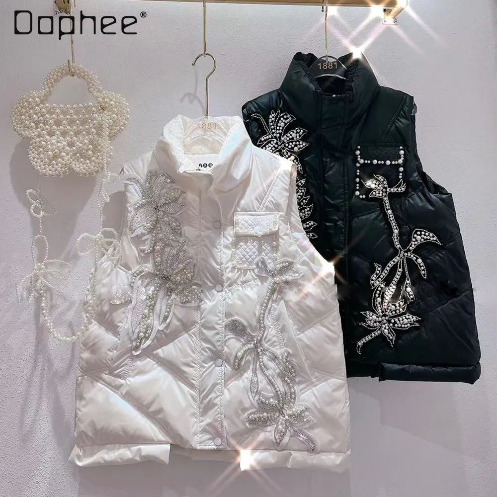 

Women's Winter New Down Vest Coat Sweet Heavy Industry Beads Rhinestone Thickened Warm White Duck Down Vest Jackets Fashion